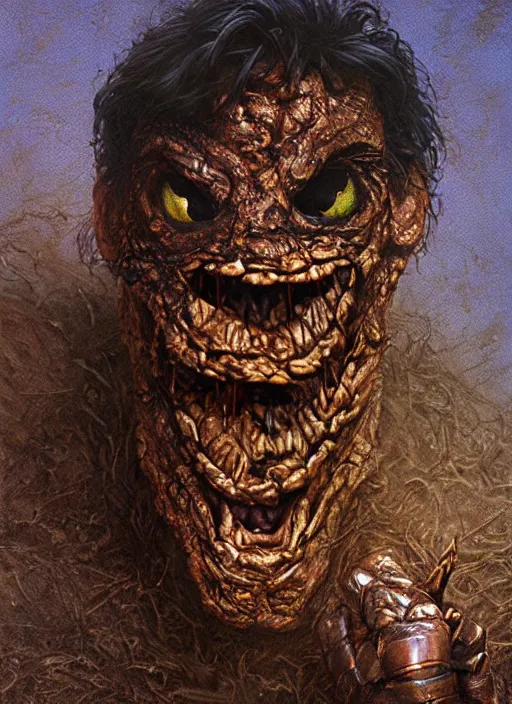 Prompt: portrait of Cookie Monster in Evil Dead (2013), highly detailed, centered, solid color background, digital painting, artstation, concept art, smooth, sharp focus, illustration, artgerm, donato giancola, Joseph Christian Leyendecker, Les Edwards, Ed Repka, WLOP