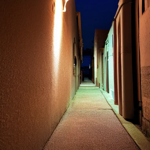 Prompt: back alley at night with minimal lighting from a window