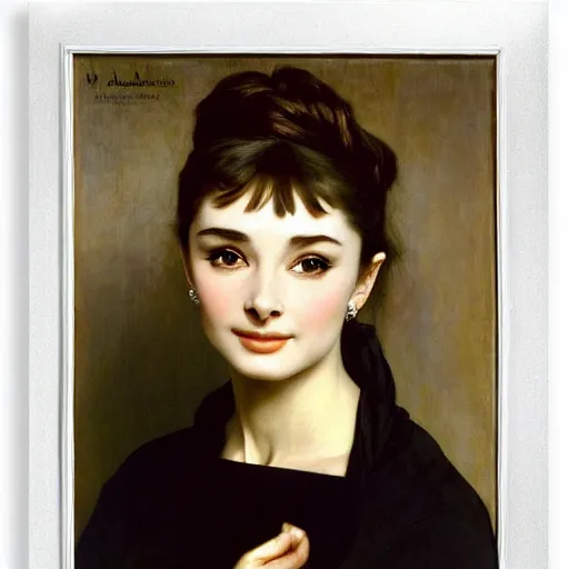 Prompt: A masterpiece head and shoulders portrait of Audrey Hepburn by William Adolphe Bouguereau