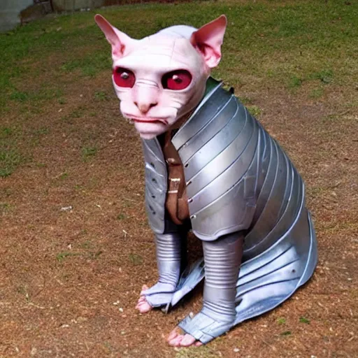 Prompt: samurai armor worn by hairless sphynx cat