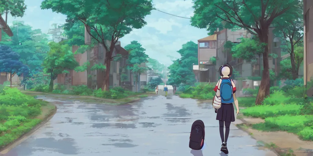 Image similar to schoolgirl with backpack walking home from school in a japanese suburb with high redwood trees. puddles after the rain. neo - georgian city blocks and stone brick retaining walls near the sidewalk. anime studio ghibli screenshot trending on artstation.