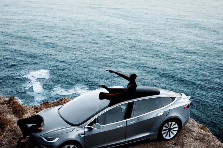 Prompt: photo of a gorgeous black model sitting on a Tesla on a cliff on the ocean By Emmanuel Lubezki