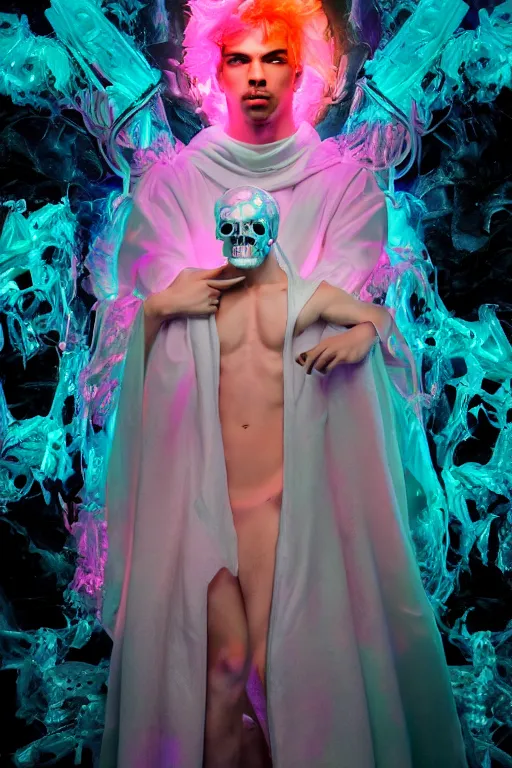 Image similar to photo of fullbody rococo and cyberpunk delicate neon crystalline sculpture of seductive muscular onyx albino marble prince joe jonas teal iridescent humanoid deity wearing hotpink plastic hooded cloak holding an onyx skull in a ruby space dungeon, reclining, glowing orange face, crown of white skulls, cinematic lighting, photorealistic, octane render 8 k depth of field 3 d