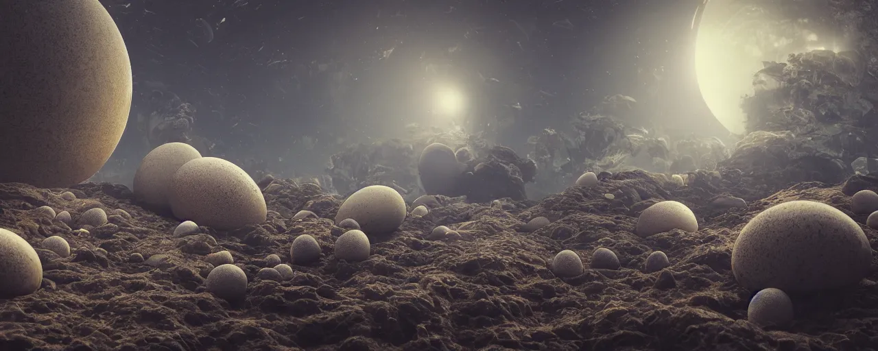Image similar to ” louter planet with strange and mysterious eggs and larvae, [ cinematic, detailed, epic, widescreen, opening, establishing, mattepainting, photorealistic, realistic textures, octane render ] ”