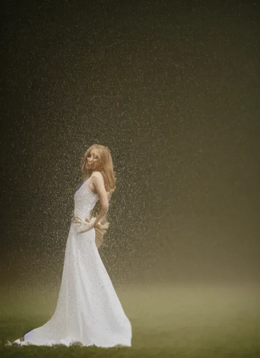 Prompt: symmetry!! a 2 8 mm macro photo of a woman in a formal gown standing in the rain, misty, morning, splash art, movie still, bokeh, canon 5 0 mm, cinematic lighting, dramatic, film, photography, golden hour, depth of field, award - winning, anamorphic lens flare, 8 k, hyper detailed, 3 5 mm film grain