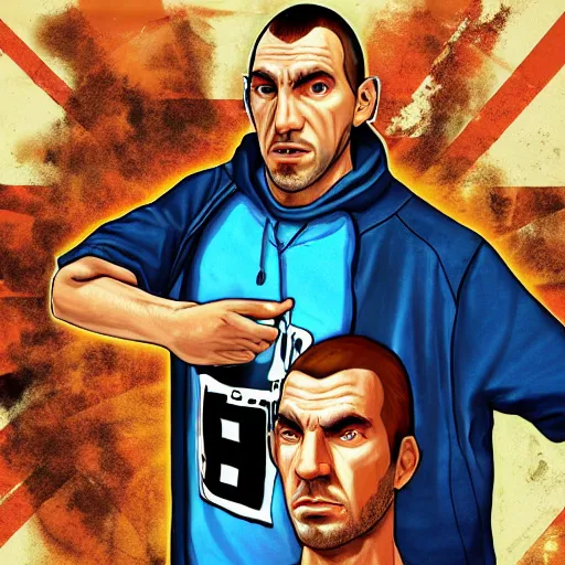 Prompt: Niko Bellic as a gta san andreas loading screen, by stephen bliss