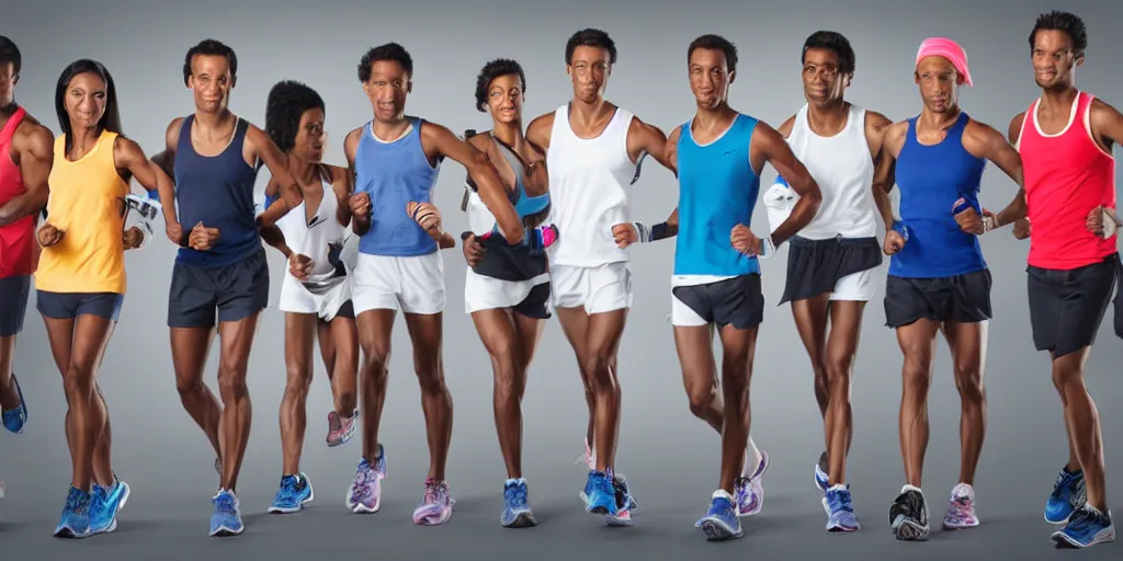 Image similar to Rough Sketch of Studio Photograph of starting line of many diverse marathon runners. multiple skintones. Frontal. Sports Advertising Campaign. Wide shot. Fashion Studio lighting. White background.