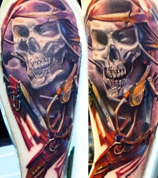 Image similar to A realistic painting of a pirate ship, realism tattoo design, white background, highly detailed tattoo, shaded tattoo, hyper realistic tattoo