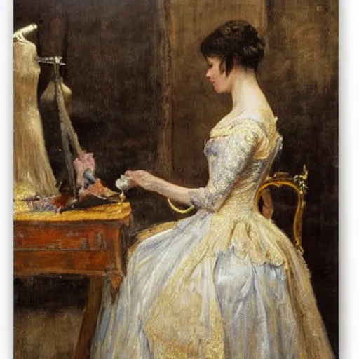 Image similar to seamstress working on a ballroom dress by alfred stevens