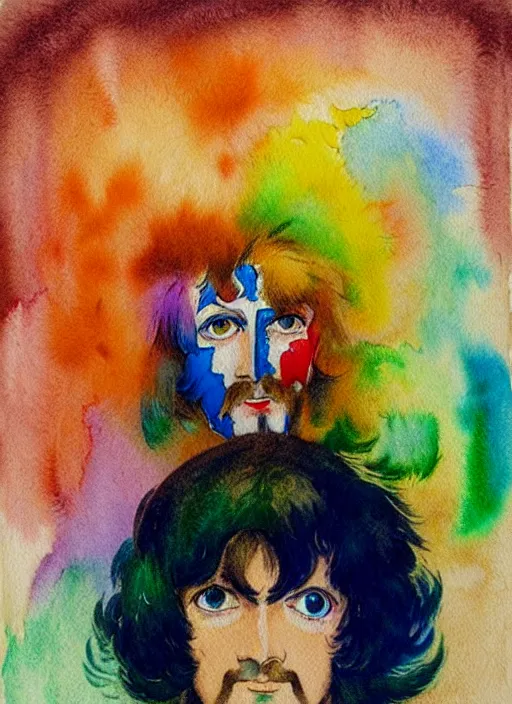 Prompt: vintage 7 0 s anime watercolor, a portrait of a man with colorful face - paint enshrouded in an impressionist watercolor, abstract representation of the meaning of life in the background by william holman hunt, art by cicley mary barker, thick impressionist watercolor brush strokes, portrait painting by daniel garber, minimalist simple pen and watercolor