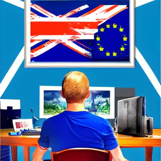 Image similar to european union eu hybrid influencer on blue shirt sitting on chair with eu flag on computer playing games on led keyboard and gaming mouse in style of American propaganda poster, eu flag, european union flag, dark and gloom, extremely detailed oil painting, open room, highly detailed, trending on artstation, concept art, sharp focus, illustration, art by artgerm and greg rutkowski and magali villeneuve