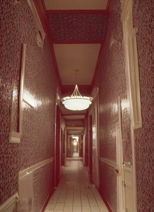 Image similar to photograph of the shining in the style of wes anderson, 5 0 mm, pentax, film