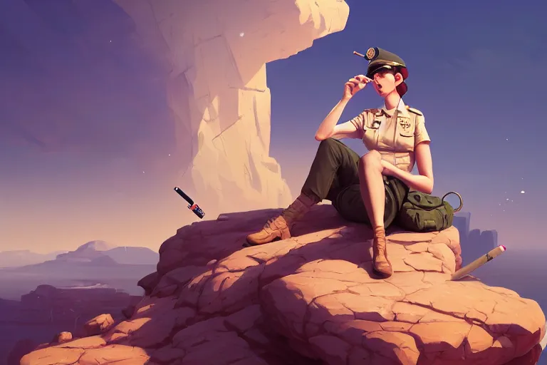 Image similar to a painting of a military woman sitting on a cliff, smoking a cigarette, a character portrait by rhads, makoto shinkai and lois van baarle, ilya kuvshinov, rossdraws global illumination and tom bagshaw, cg society, fantastic realism, intricate, detailed