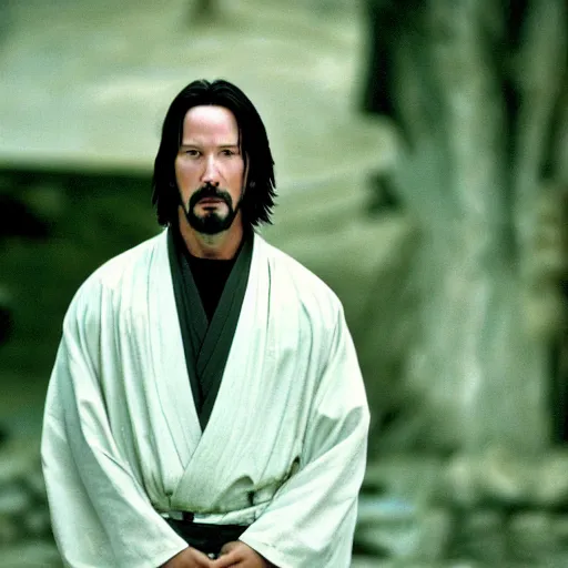 Prompt: cinematic film still of Keanu Reeves starring in a Steven Spielberg film as A Japanese Samurai at a temple, 1999, shallow depth of field, photograph, natural lighting