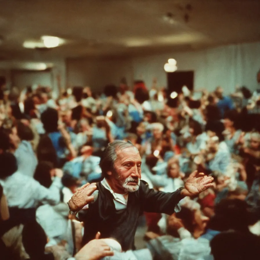 Image similar to 7 0 s movie still of an old man in a soviet ballroom with multiple hands on the floor, cinestill 8 0 0 t 3 5 mm, heavy grain, high quality, high detail