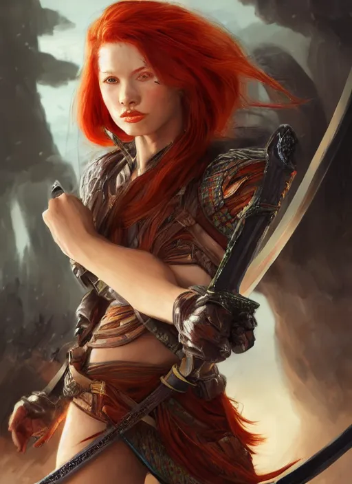Image similar to Redhead female fighter with long katana, fantasy, medieval, vivid colors, fantasy, elegant, concept art, sharp focus, beautiful face!!, digital art, Hyper-realistic, 4K, Unreal Engine, Highly Detailed, HD, Dramatic Lighting by Brom, trending on Artstation
