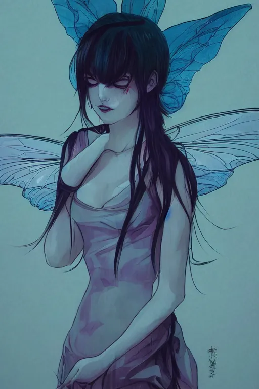 Image similar to concept art painting of a demonic evil fairy, moody vibe, moody lighting, artgerm, moebius, inio asano, toon shading, cel shading, calm, tranquil, vaporwave colors,