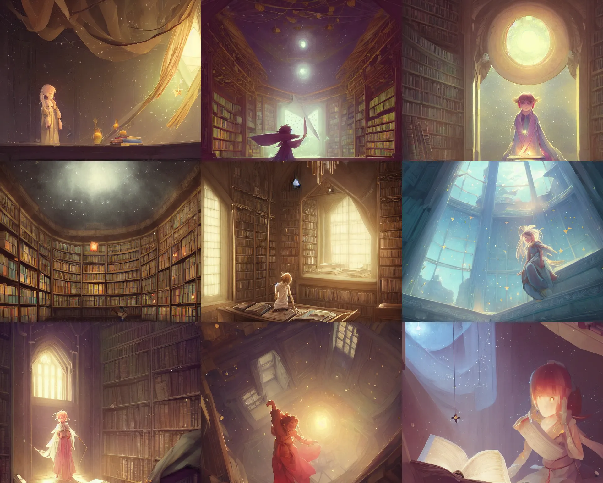 Prompt: cute young mage in a polygonal library walls and glass ceilings showing the stars and hanging silk drapery and tapestries, light dust, magnificent, close up, details, sharp focus, elegant, highly detailed, illustration, by Jordan Grimmer and greg rutkowski and PiNe(パイネ) and 薯子Imoko and 香川悠作 and wlop and maya takamura, intricate, beautiful, Trending artstation, pixiv, digital Art