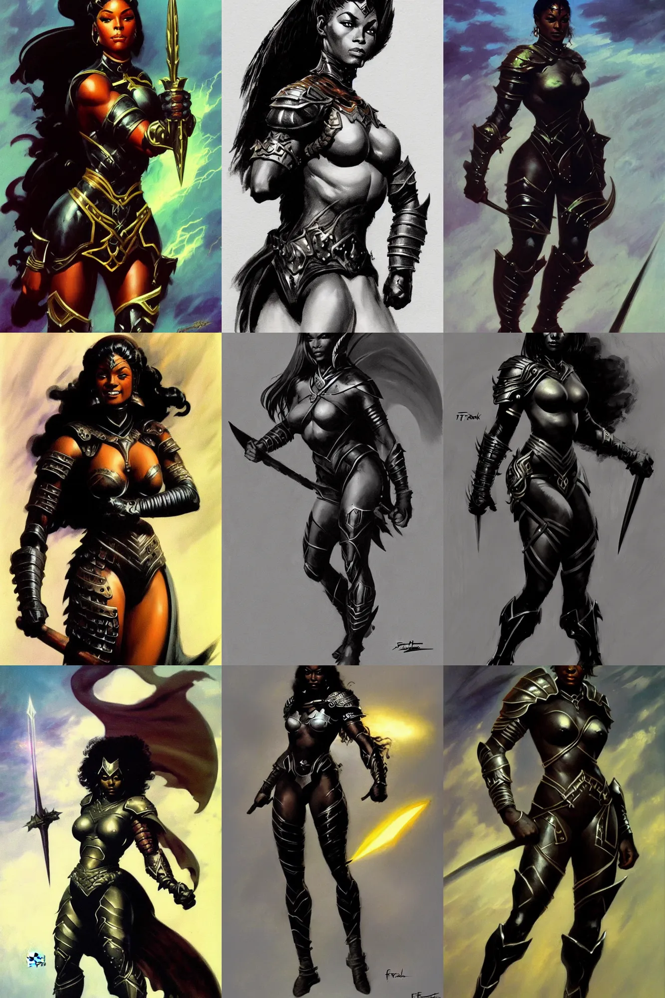 Prompt: high fantasy black female wearing spandex armour portrait by Frank frazetta full body profile, trending on artstation, dramatic lightning