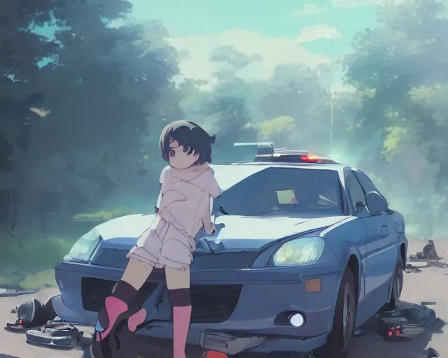 Image similar to a brunnete girl with blue eyes and puffy cheeks lying in a car accident, ambulances around the scene, anime art, Greg Rutkowski, studio ghibli, dramatic lighting