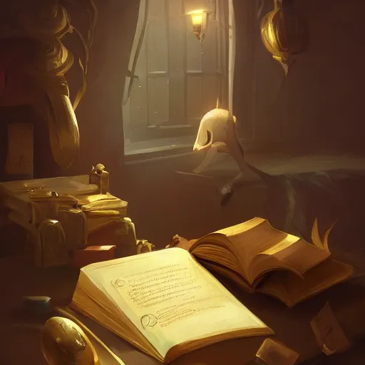 Image similar to a mysterious book with a golden quill on the, by roman shipunov, etienne hebinger, atey ghailan, cgsociety, cynical realism, fantasy art, 2 d game art