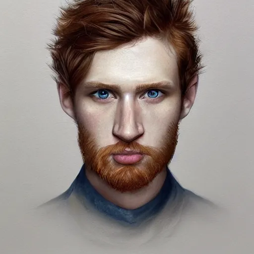 Image similar to 2 4 - year - old man, masculine face, square jaw, ginger hair, dark blue eyes, hyper realistic face, beautiful eyes, highly detailed, digital painting, smooth, sharp, beautiful face, expressive eyes, long fluffy wavy ginger hair, art by greg rutkowski and alex gray