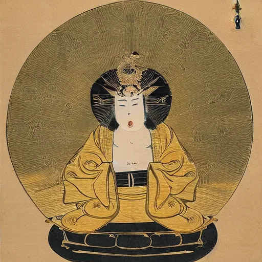 Image similar to a golden deity with the head of the baby harp seal, radiating golden light, wearing royal kimono, Japanese ink drawing from 1700