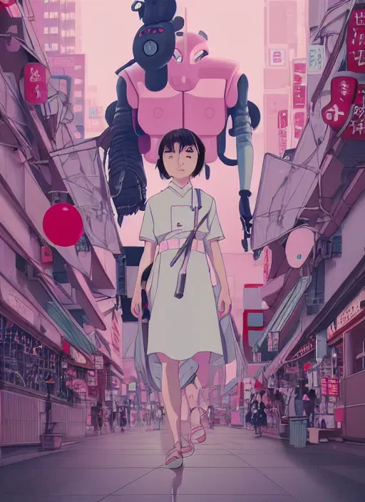 Image similar to Artwork by James Jean, Phil noto and hiyao Miyazaki; a young Japanese future samurai police girl named Yoshimi battles an enormous looming evil natured soft carnivorous pink robot on the streets of Tokyo; Japanese shops and neon signage; crowds of people running; Art work by studio ghibli, Phil noto and James Jean