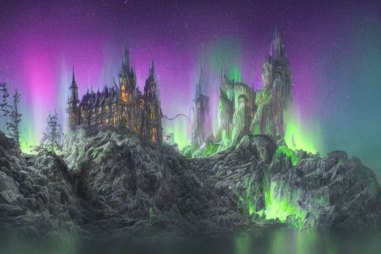 Image similar to highly detailed photoreal eldritch biomechanical castle on a cliff, aurora borealis, psychedelic