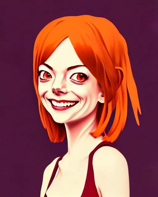 Prompt: beautiful anime girl, full body Emma Stone, orange glowing hair, sarcastic smiling, clear clean face, symmetrical face, blurry background, face by Ilya Kushinov style, Norman Rockwell, painterly style, flat illustration