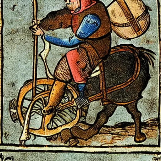 Prompt: a guy on an all-terrain vehicle, medieval illustration