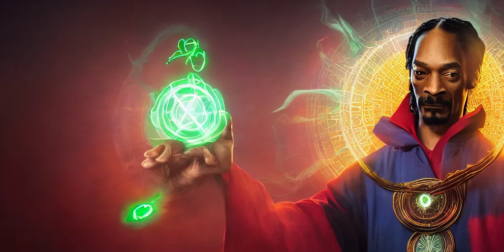 Image similar to snoop dogg as doctor strange, multiple dimensions, green light, marijuana leaves, marijuana, highly detailed, environmental light, cinematic by francis tneh, magic, making a spell, sharp focus, hyperdetailed, artstation, cgsociety, 8 k