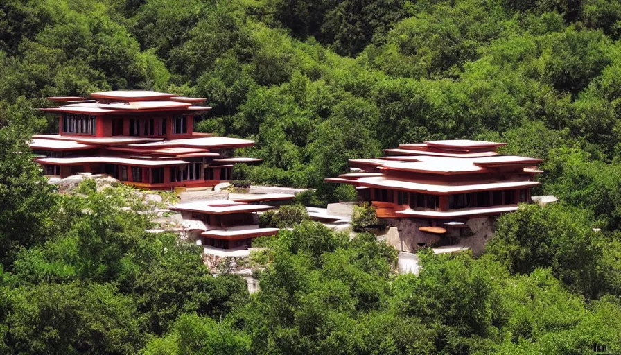 Prompt: tibetan architecture villa, on a green hill, overlooking a valley with trees, frank lloyd wright, le corbeusier, photorealistic, birds eye view