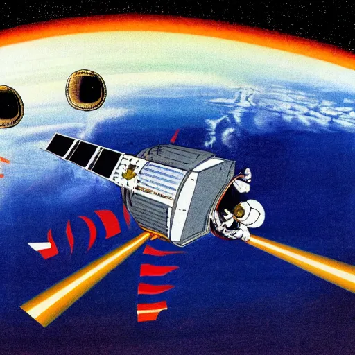 Prompt: apollo crew module entering earth's atmosphere, 1 9 7 0 s illustration, saturated colors