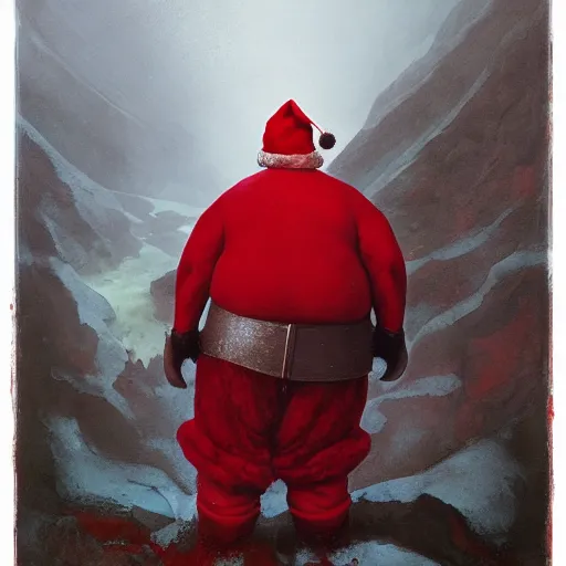 Prompt: Portrait Portrait of Santa Claus the Rotund Elf emerging from his signature red outfit whilst standing atop volcano greg rutkowski dan witz paul klee andrew wyeth tom bagshaw stanton feng bastien lecouffe-deharme tombow oil painting