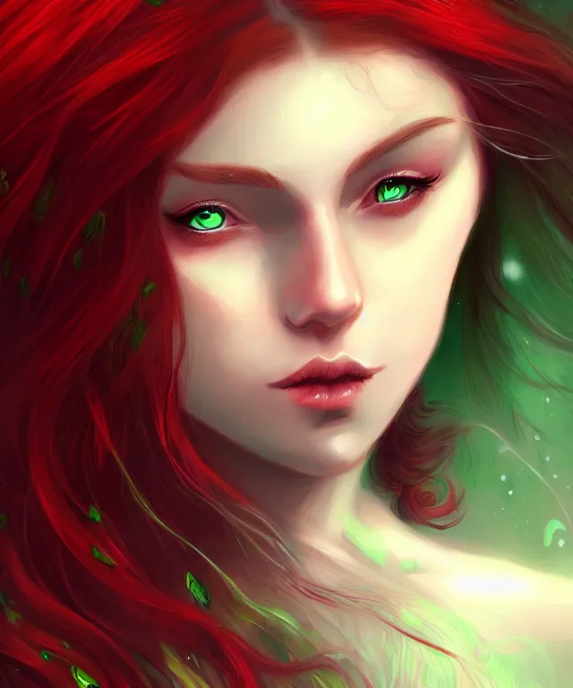 Image similar to Fae teenage girl, portrait, face, long red hair, green highlights, fantasy, intricate, elegant, highly detailed, digital painting, concept art, smooth