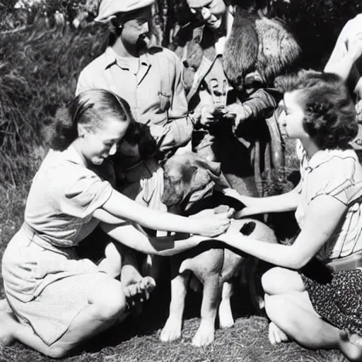 Image similar to 1940s photograph of a tribe of humans worshipping a puppy, award-winning