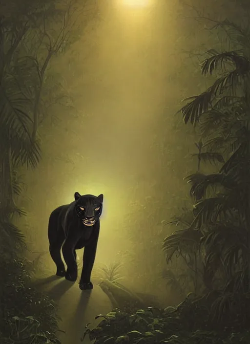 Image similar to a beautiful black jaguar walking in the jungle at night, art by christophe vacher