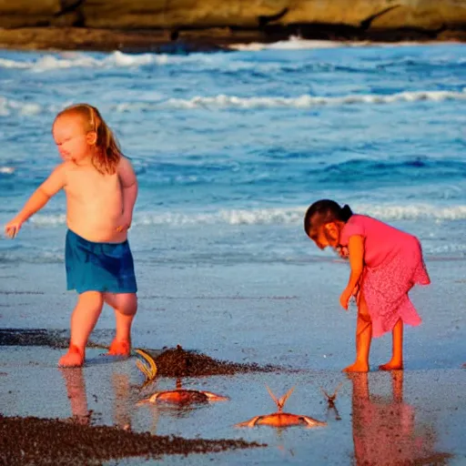 Prompt: of little girl raiding on crab on the beach.