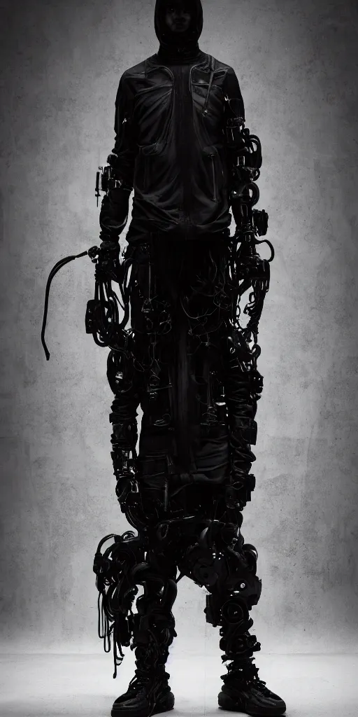 Image similar to healthgoth cyborg, dark techwear fashion, cables, cyberpunk, hyper realistic, tsutomu nihei, cryengine, 8 k, full character, toha heavy industries, rick owens, boris bidjan saberi