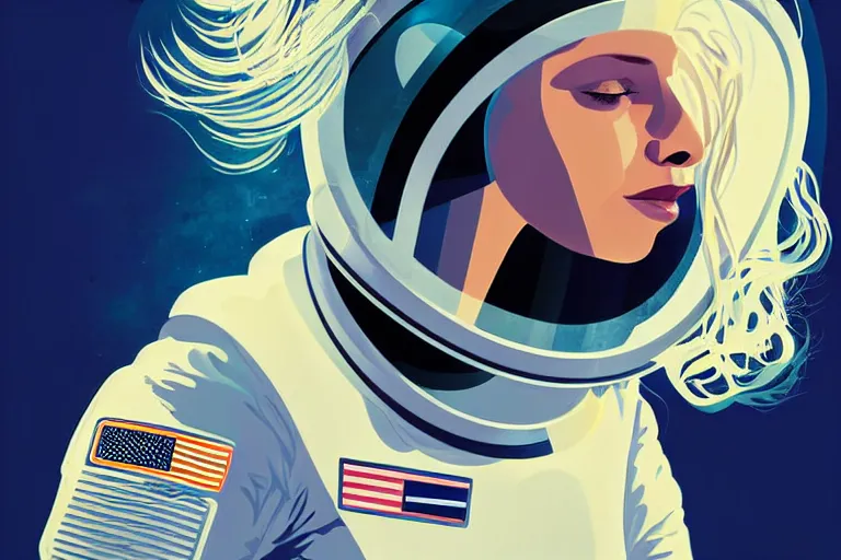 Prompt: editorial illustration by Karolis Strautniekas and Mads Berg , full body portrait of a young astronaut girl with flowing white hair, colorful, fine texture,detailed, muted colors,film noir, dramatic lighting, dynamic composition,moody, vivid, matte print,moody
