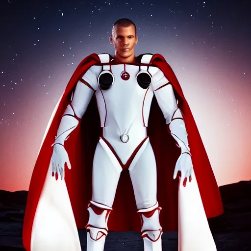 Image similar to portrait of a tall athletic muscular infantry man in glossy sleek white armor with tiny red details and a long red cape, heroic posture, on the surface of mars, night time, dramatic lighting, cinematic, sci-fi, hyperrealistic, movie still