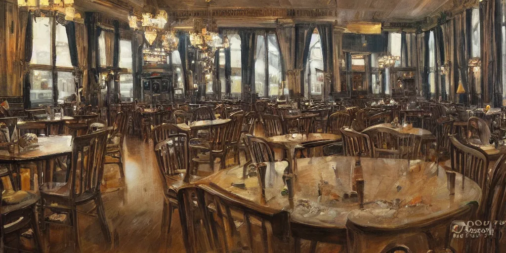 Prompt: huge dining saloon flooding, water sloshing around, bird's eye view, cinematic wide shot, high detail, realist painting