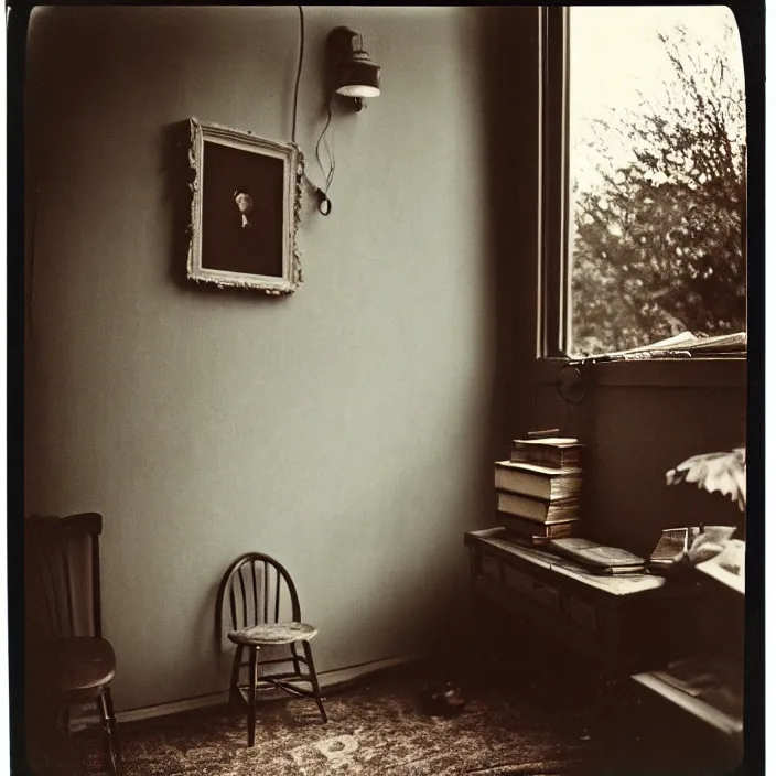 Image similar to kodak portra 4 0 0, wetplate, fisheye, award - winning portrait by britt marling, 1 9 2 0 s outside porch, ghost, picture frames, shining lamps, dust, smoke, 1 9 2 0 s furniture, wallpaper, carpet, books, muted colours, wood, fog,