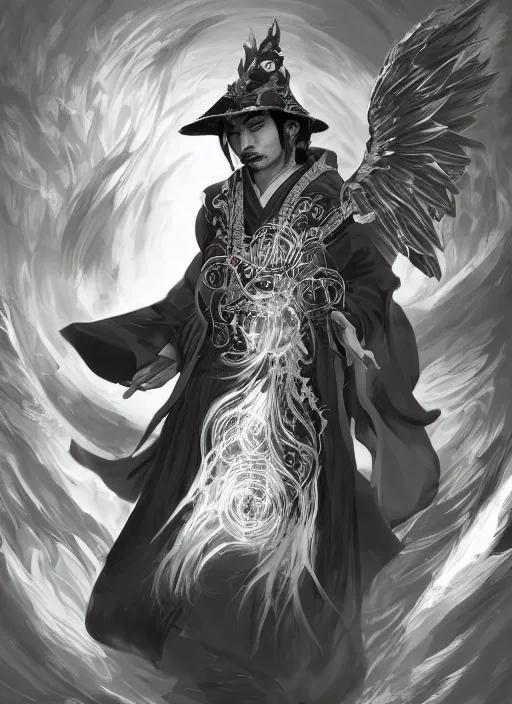 Image similar to a highly detailed illustration of mustached japanese man as wizard wearing ornate black robe and mage hat, dramatic floating pose, with divine guardian angel floating behind him, perfect face, intricate, elegant, highly detailed, centered, digital painting, artstation, concept art, smooth, sharp focus, league of legends concept art, WLOP