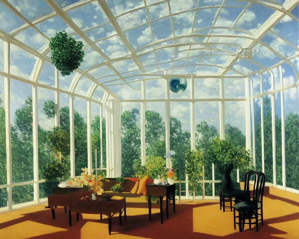 Prompt: achingly beautiful painting of a sophisticated, well - decorated, modern sunroom by rene magritte, monet, and turner.