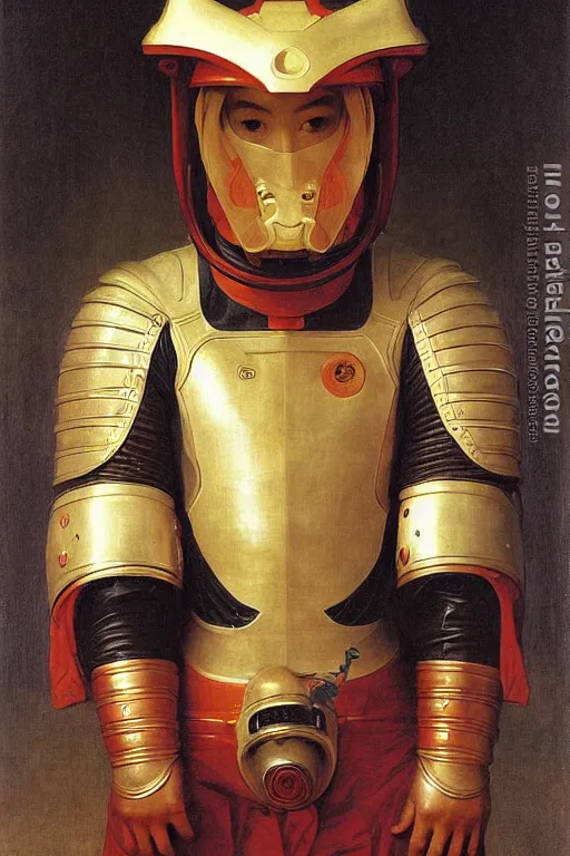 Image similar to portrait of a astronaut is a chinese dragon in armor and helmet, majestic, solemn, by bouguereau