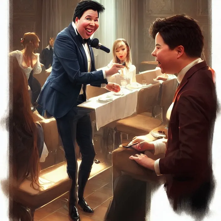 Image similar to michael mcintyre flirting with a singing waitress, elegant, real life skin, intricate artwork, high detailed, artstation, concept art, smooth, sharp focus, art by artgerm and greg rutkowski