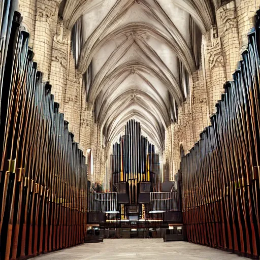 Prompt: a photorealistic endless nightmare cathedral with enormous organ pipes