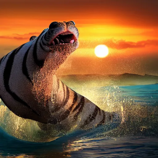 Image similar to a closeup photorealistic photograph of a smiling cute tiger hippopotamus riding a large wave during sunset. surf in the background. professional capture. brightly lit scene. this 4 k hd image is trending on artstation, featured on behance, well - rendered, extra crisp, features intricate detail, epic composition and the style of unreal engine.